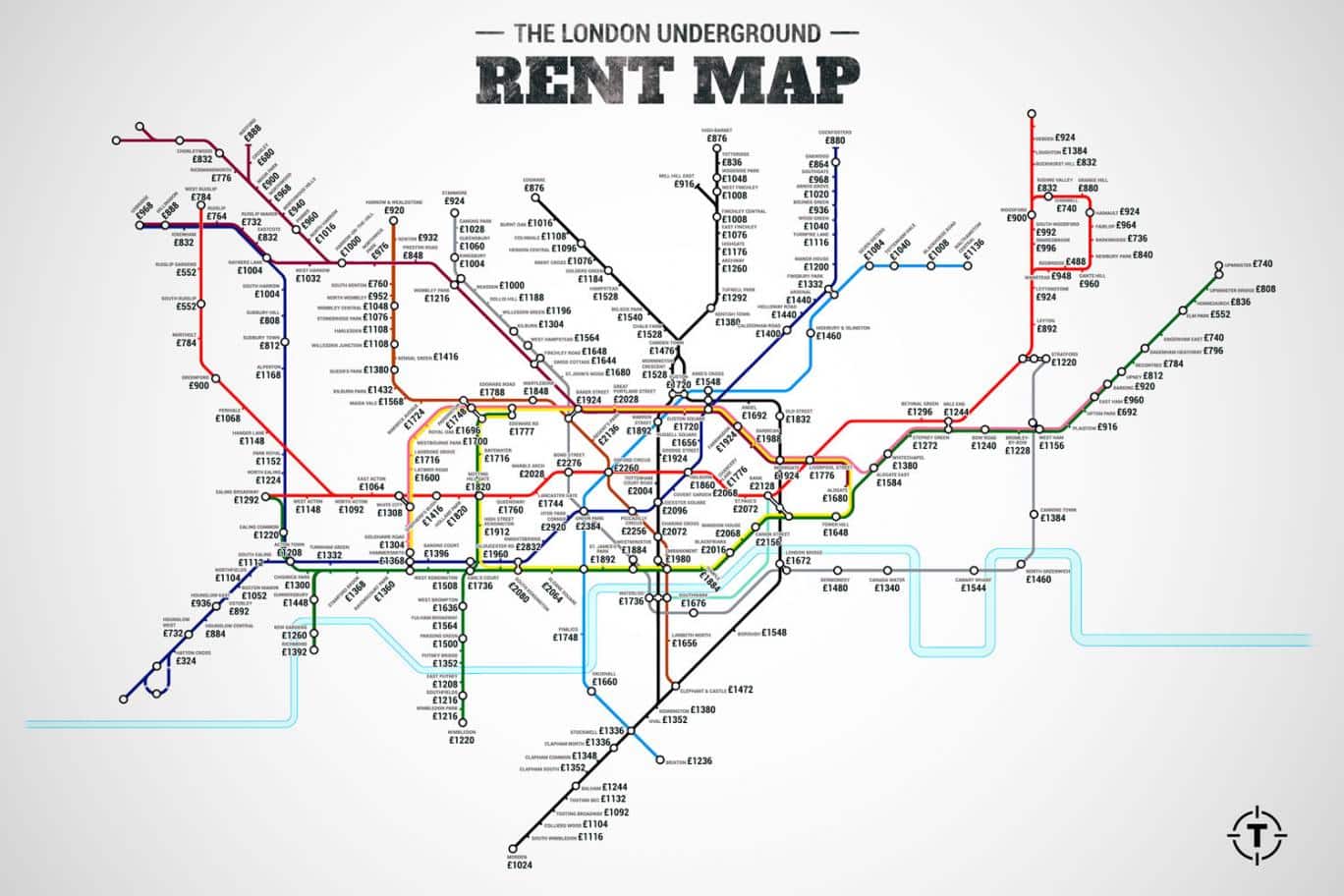A London tube map: the average rent costs ... plus a bit of Harry Potter 1